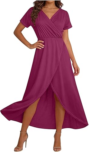 Burgundy Wine for Ladies Fall Summer Short Sleeve V Neck Spandex Maxi Long Flowy
