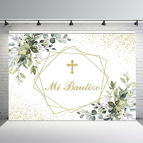 MEHOFOND Mi Bautizo - Telón de fondo para fiesta de bautismo mexicano, suministros para primera comunión recién nacido, baby shower, fondo dorado