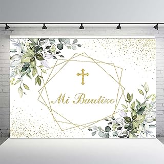 MEHOFOND Mi Bautizo Backdrop Mexican Baptism Party Supplies First Holy Communion Newborn Baby Shower Gold Glitter Background Greenery Eucalyptus Photo Booth Props 7x5ft