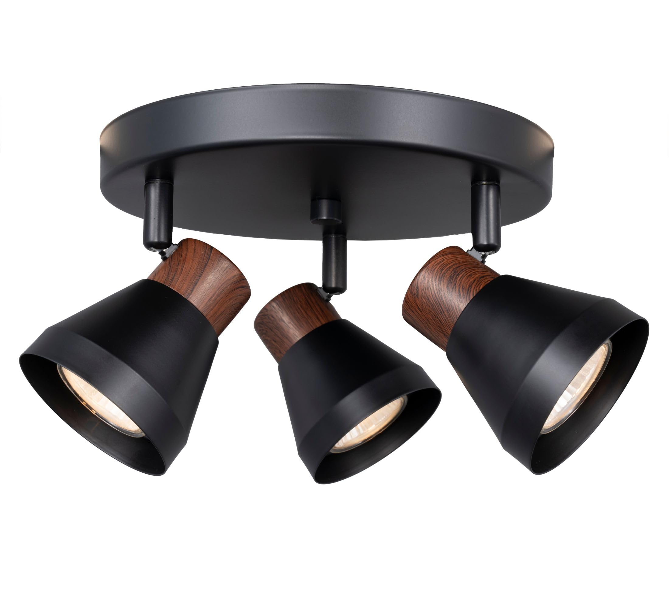 CRAFTRONOS 3-Light Modern Track Lighting Kit Black Faux Wood Accent,Adjustable GU10 Flush Mount Ceiling Fixture Pivot Multi-Directional Round