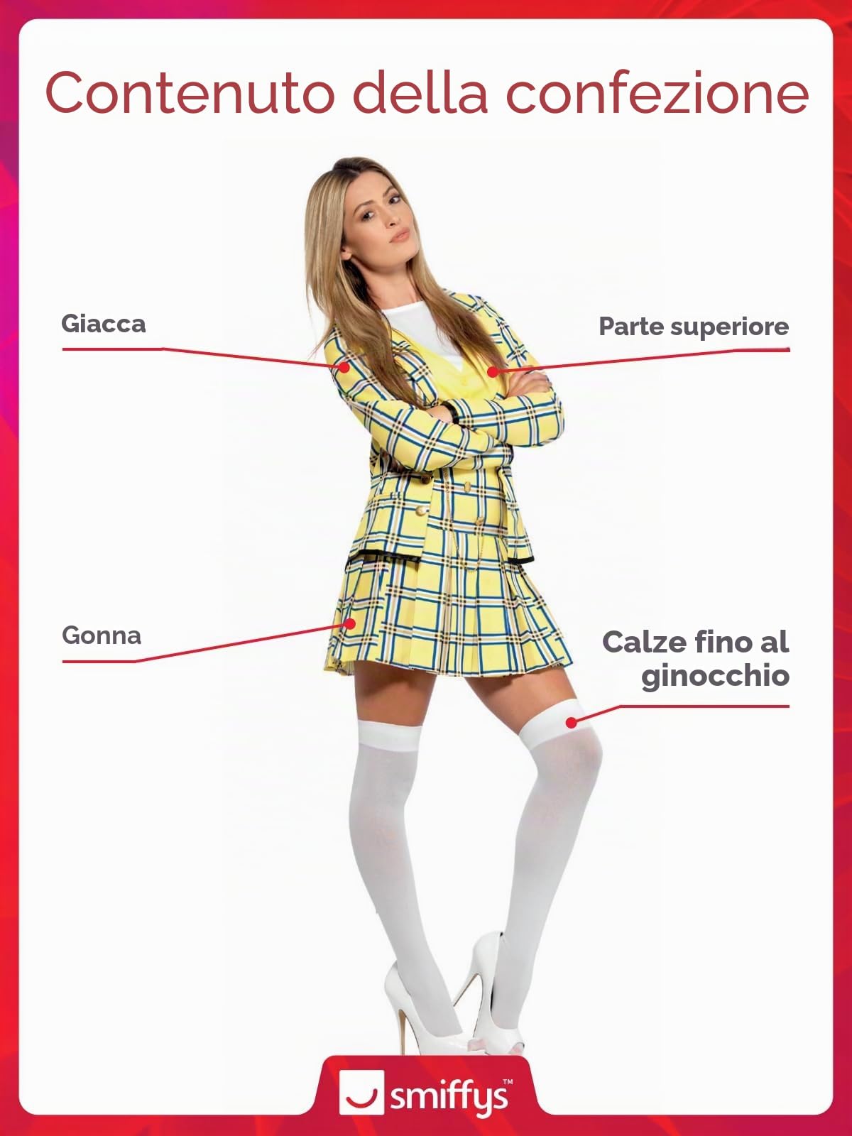 Smiffys Clueless Cher Costume in Yellow for Adults, Jacket, Top, Skirt, and Knee-High Socks, Officially Licensed, Iconic Fitted Blazer and Elasticated Skirt, Ideal for Groups and Students