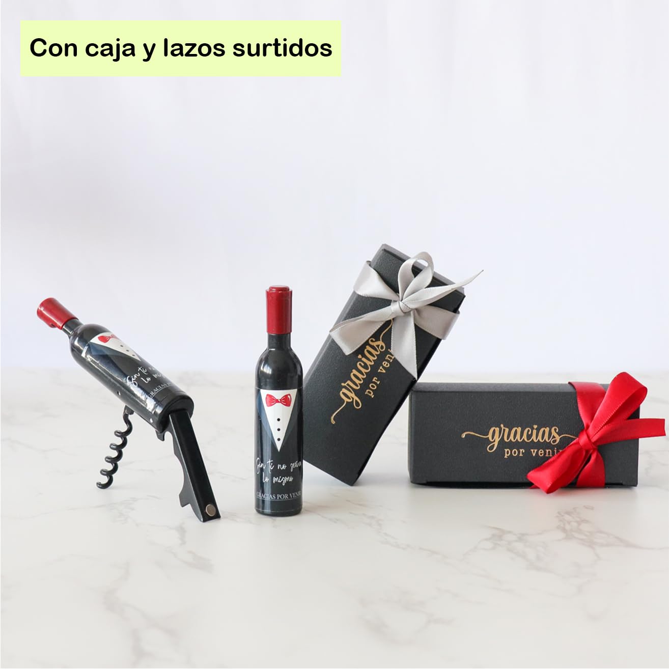 Pack de 12 a 42 uds, Sacacorchos botella de vino, Abridor forma de mini botella, Diseño smoquin, Con o sin envoltorio, 11 cm, Detalles para Boda, Regalantes (30, Con envoltorio, lazo surtido)