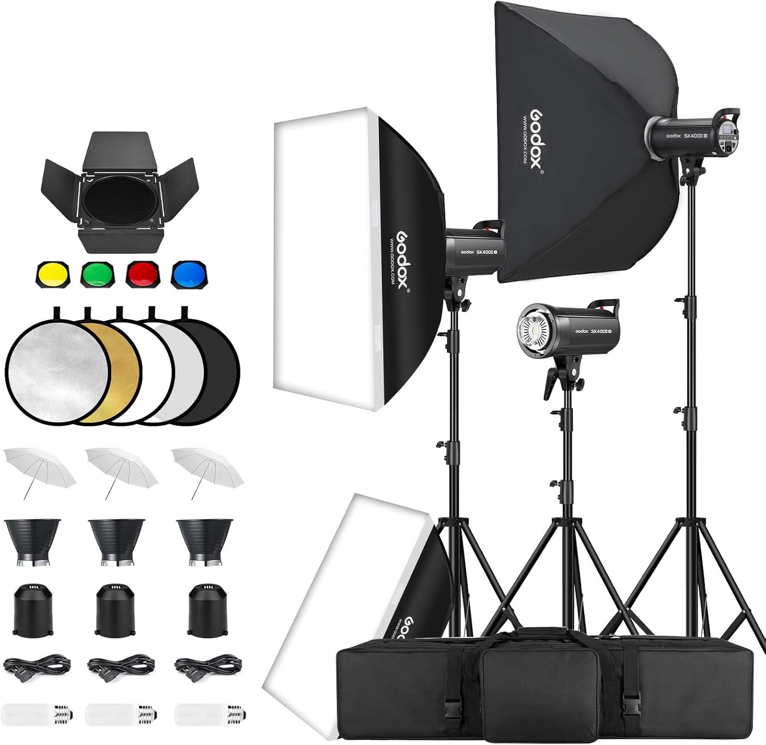 Godox 3 Pack SK400IIV 1200W Studio Strobe Flash Kit, 400W Bowens Mount Monolight, 24”x36” Softbox, 110" Light Stand, Umbrella, Barn Door,Carrying Case for Video Shooting,Prodoct, Portrait Photography