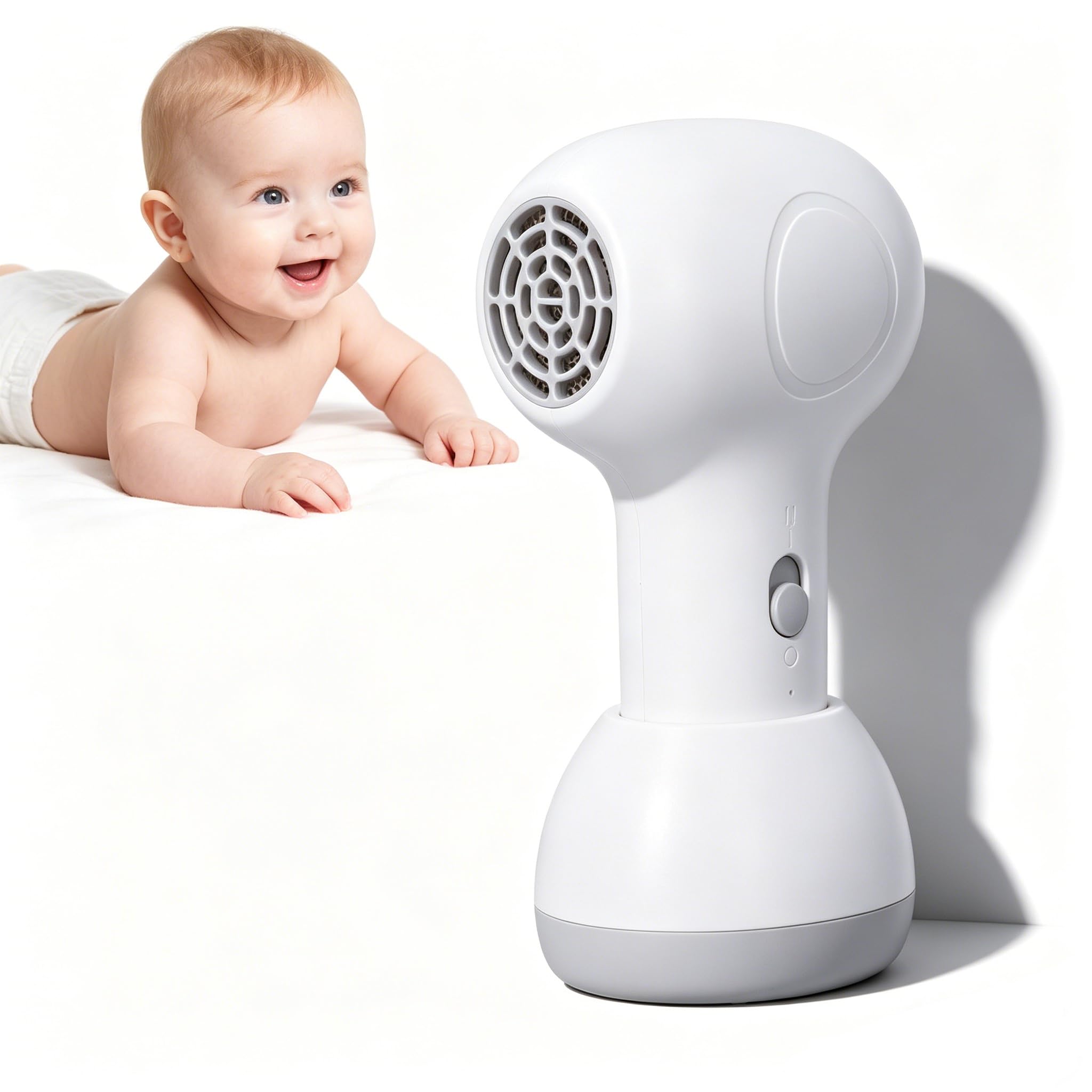 Secador de pelo de bebé inalámbrico, 2 velocidades de bajo ruido recargable secadora de cuerpo completo secador de pelo de viaje suave para el pañal del cabello y el cuerpo (Blanco + gris)