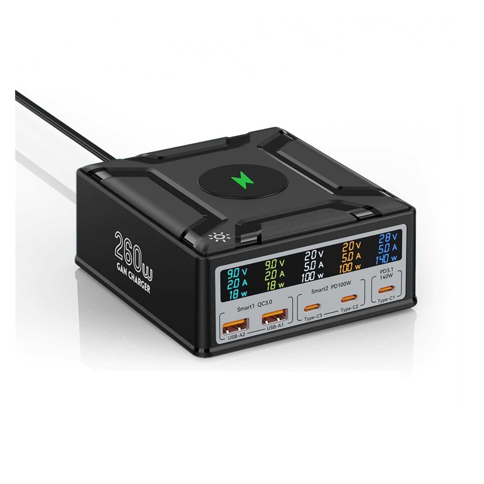 Ładowarka USB, Ładowarka USB C GaN 260 W Bezprzewodowa ładowarka PD3.1 QC3.0 Szybka ładowarka PPS 5-portowe szybkie ładowanie Wielofunkcyjne gniazdo USB