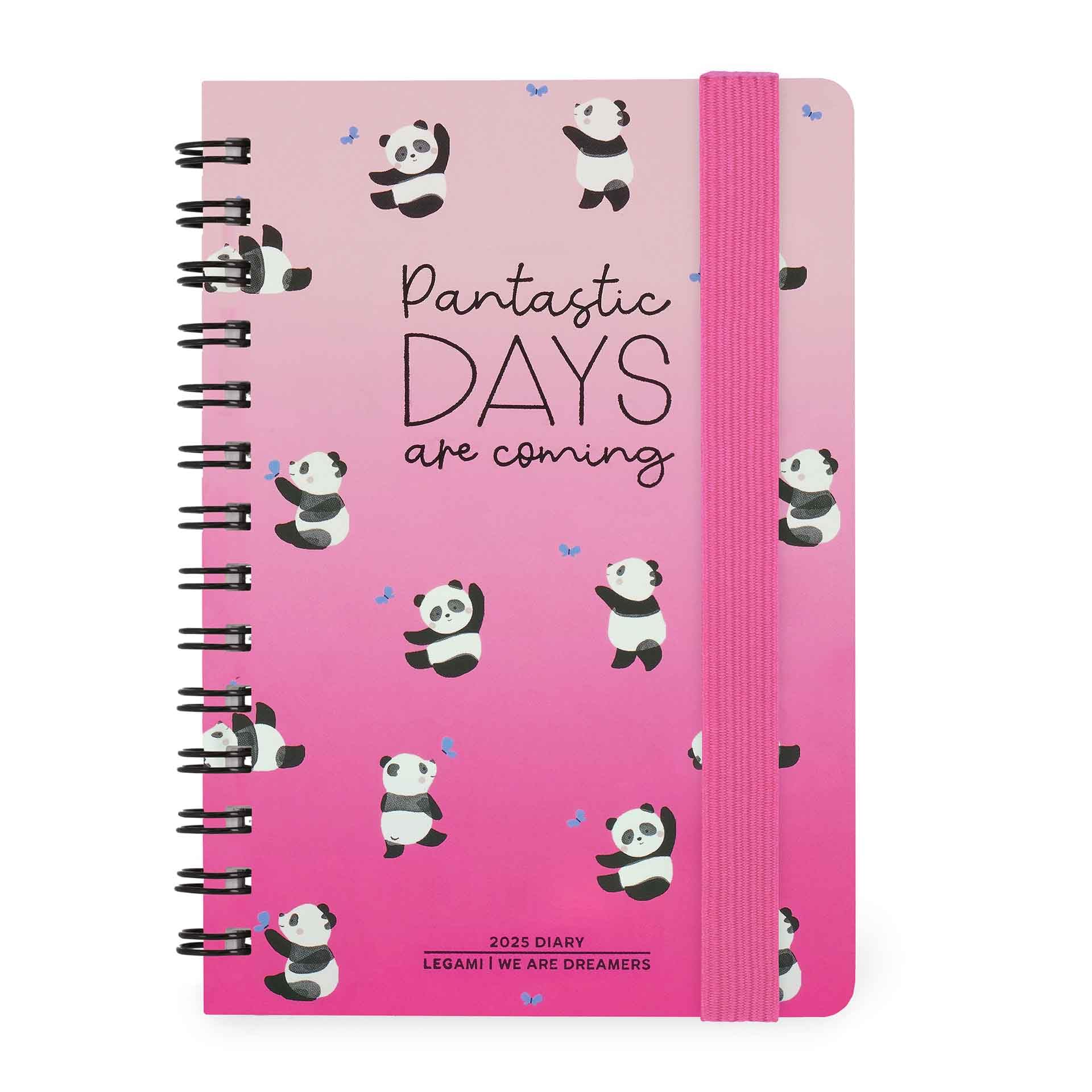 Legami - Panda Spiral Small Weekly Planner, 12 Months, Diary from January 2025 to December 2025, Folding Planner 2025/2026, Elastic Closure, Final Pocket, Address Book, 8.5 x 13 cm