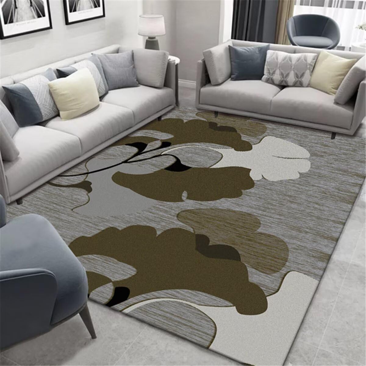 Déco Salon Tapis Salon Design Moderne Tapis Personnalisable pour Chambre à Coucher Couleur de Base Grise décoration à Motif de Feuilles Vertes Deco Chambre Enfant 200X260CM