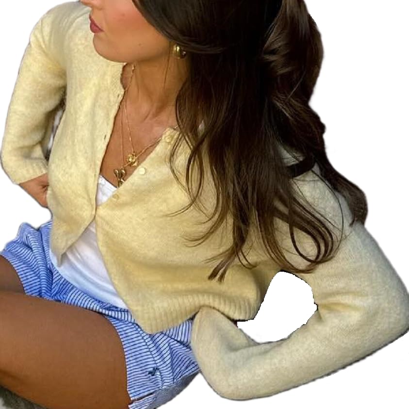Image of Muineobuka Women Knit Cropped Cardigan Tops Long Sleeve Button Down Lightweight Bolero Sweater Tops Yellow, Large
