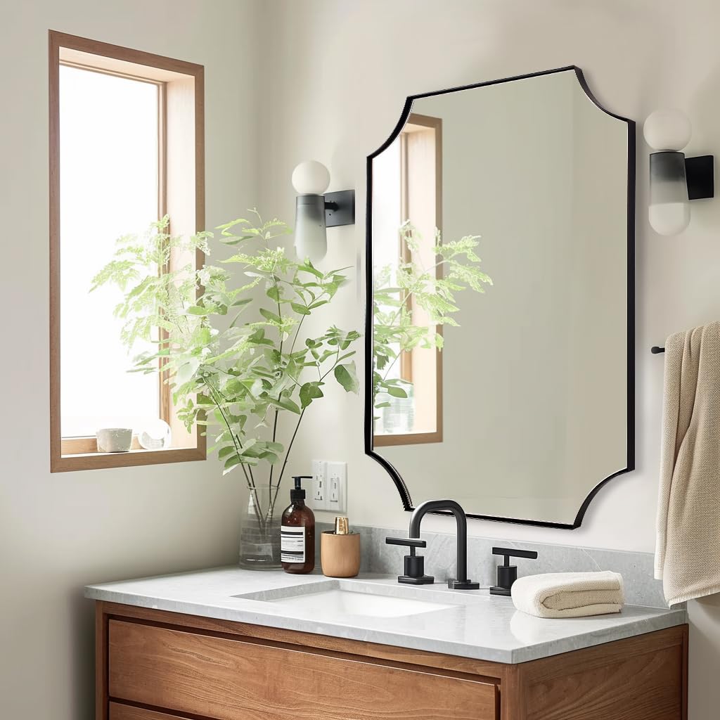 ANDY STAR 24x36 Inch Black Mirror, Matte Black Scalloped Wall Mirror, Modern Black Framed Mirror with Sophisticated Scalloped Design, Glass Panel Wall-Mounted Mirror Hangs Vertical or Horizontal