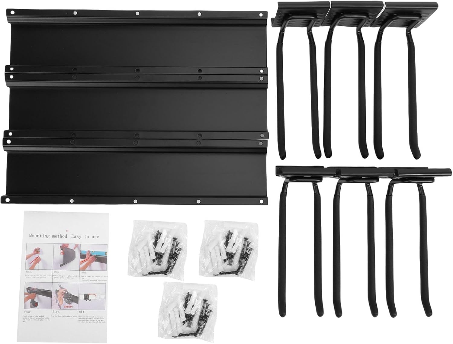 ZJchao 48in Wall Mount Garage Tool Organizer Heavy Duty 360lbs Load Capacity with 6 Adjustable Hooks and 3 Rails for Garage Workshop Storage of Tools Ladder Broom Shovel Rake (3 Plates 6 Straight