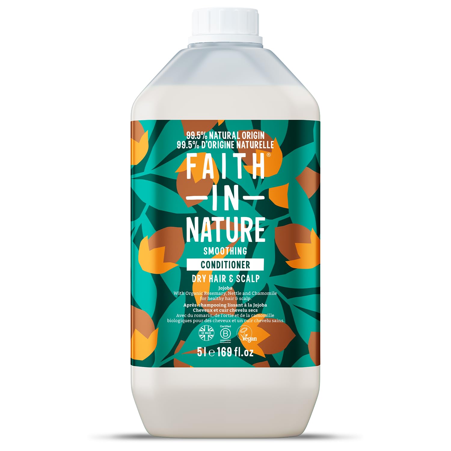 Faith in Nature Naturalna odżywka jojoba, wygładzająca, wegańska i nietestowana na zwierzętach, bez SLS i parabenów, włosy normalne lub suche, butelka wielokrotnego napełniania 5 l