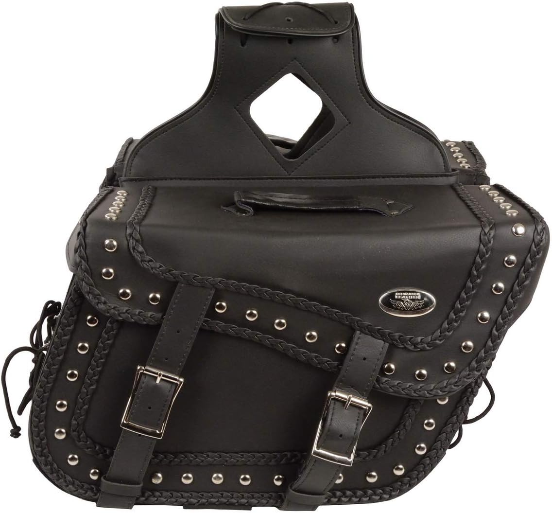 Milwaukee Leather SH66401ZB Black Large 'Studded and Braided' Zip-Off PVC Throw Over Motorcycle Saddlebags - One Size