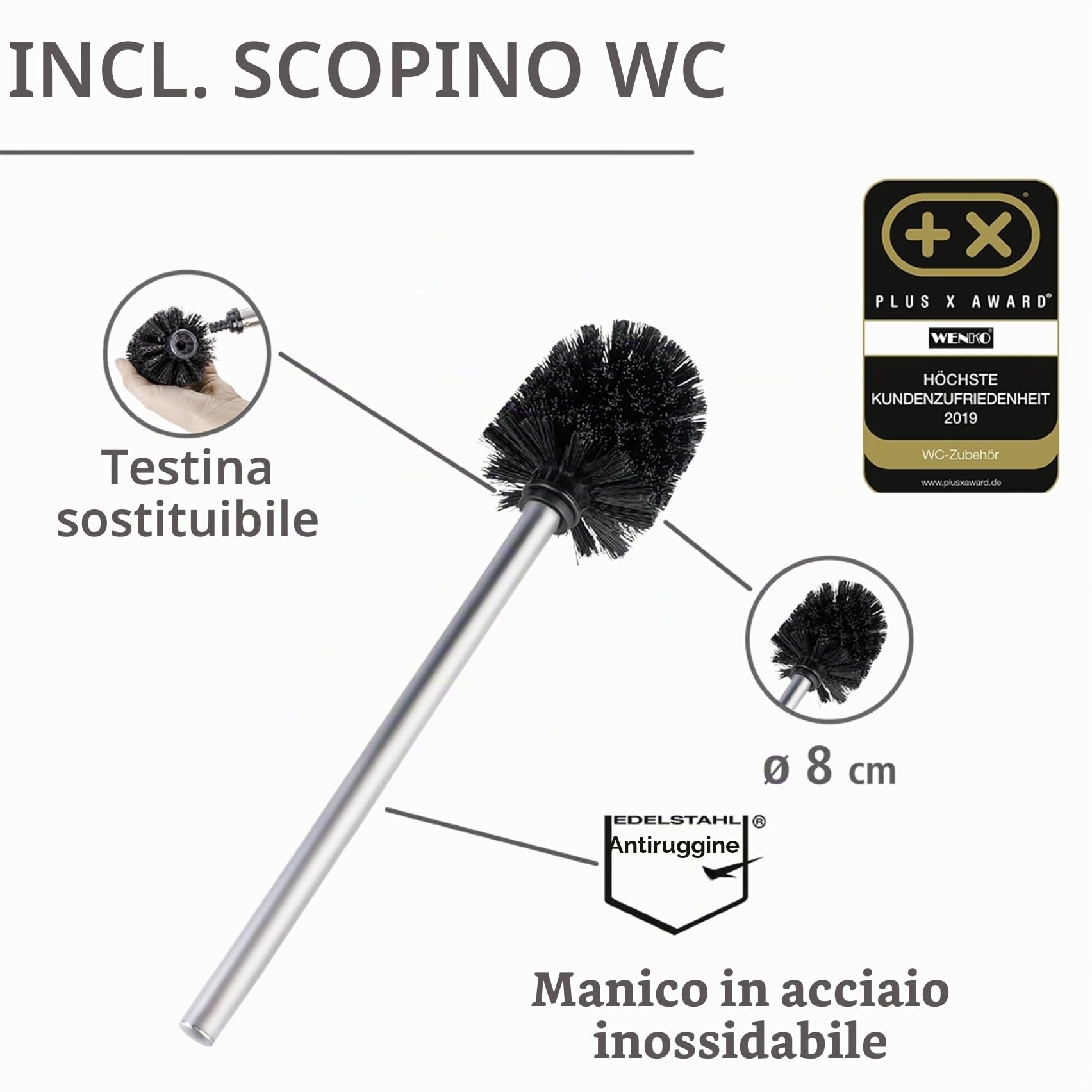 WENKO Piantana portarotolo e scopino WC Rivalta - Portascopino WC, Acciaio inossidabile, 18 x 70 x 23 cm, Opaco
