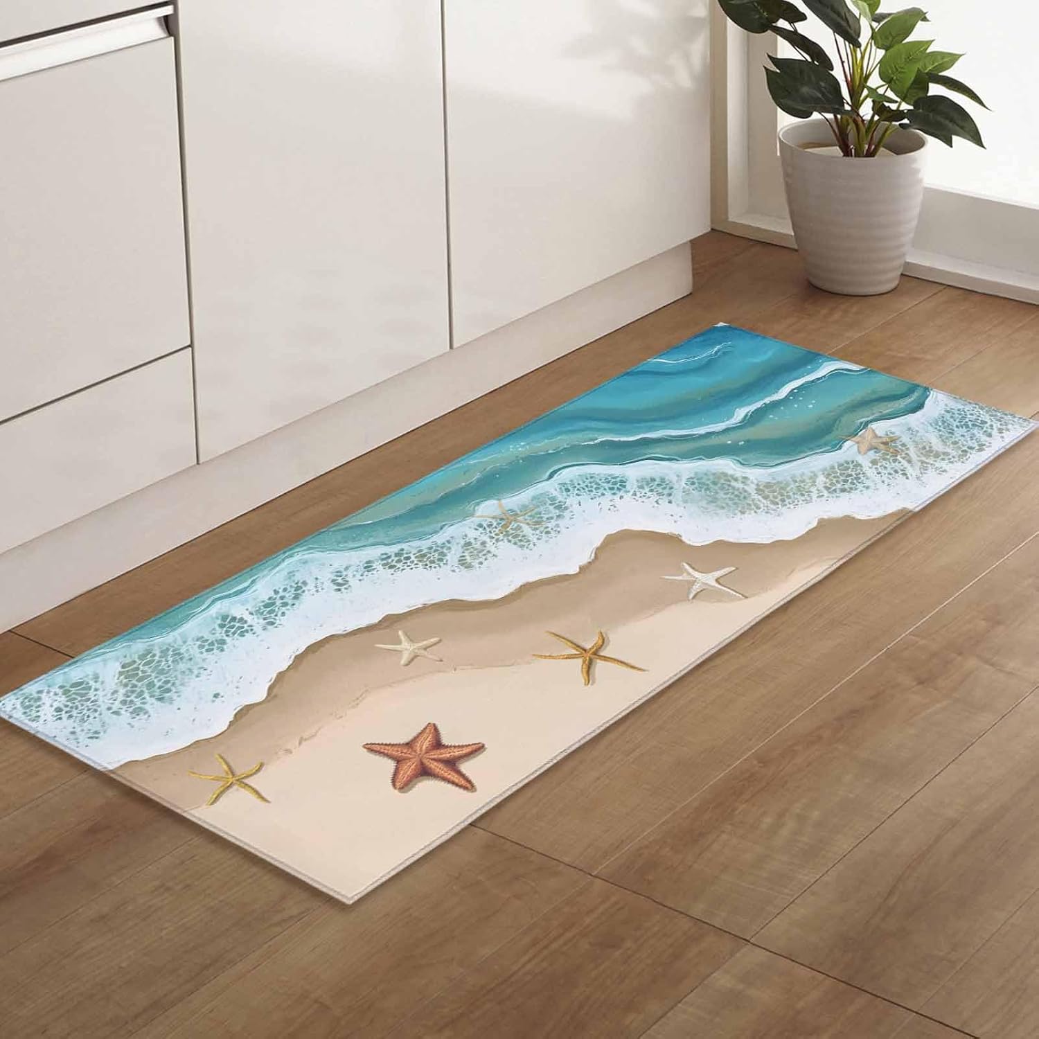 2 Pieces Kitchen Rugs and Mats,Nautical Ocean Sea Wave Starfish Area Runner Rug Set Non Slip Floor Doormat Washable Carpet Standing Mat for Kitchen Sink Indoor Corridor,Marine Life Beach Theme