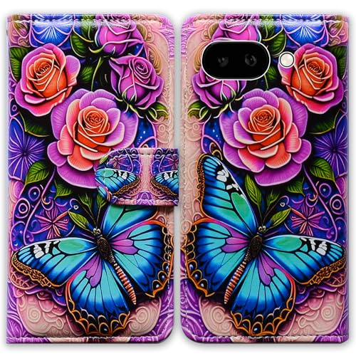 Étui portefeuille Google Pixel 9a en cuir bleu au design unique de fleurs et papillons
