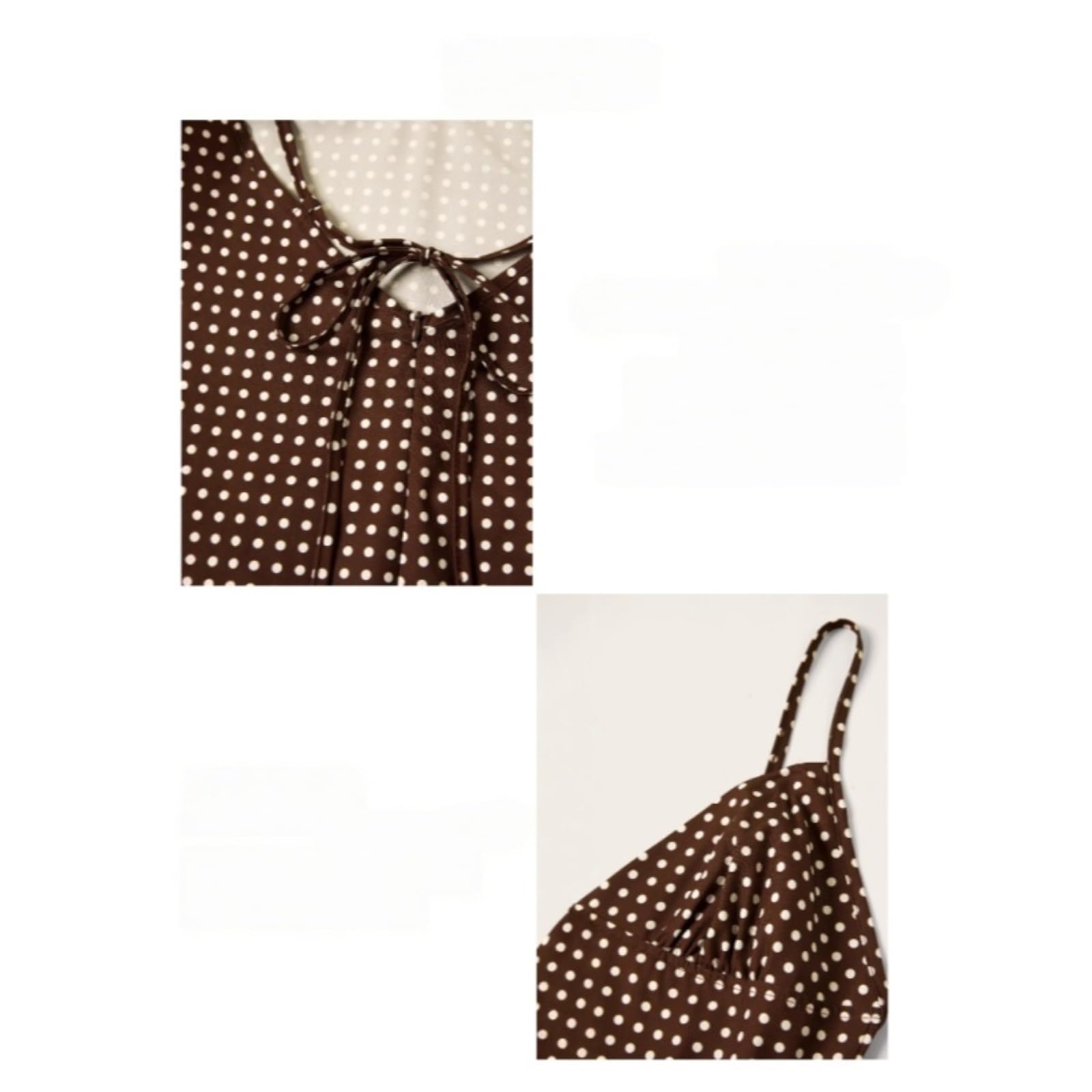 Vestito Abito Midi Marrone A Pois con Spalline, Scollo A V, Cintura in Vita, Senza Maniche E con Schiena Scoperta.