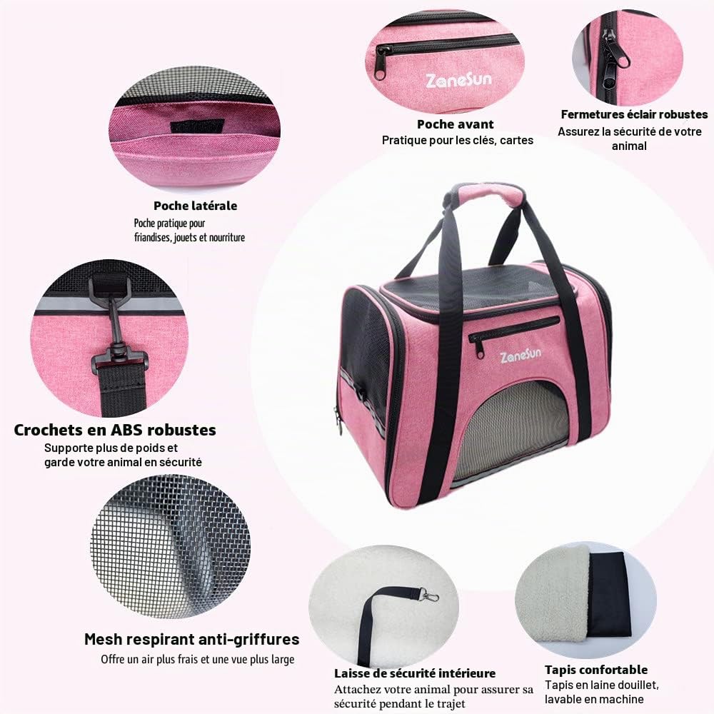 ZaneSun Sac de transport souple pour chat et chien de petite taille, chaton, chiens, chiots, approuvé par les compagnies aériennes, pour le voyage, respirant, 5 fenêtres en maille (rose)