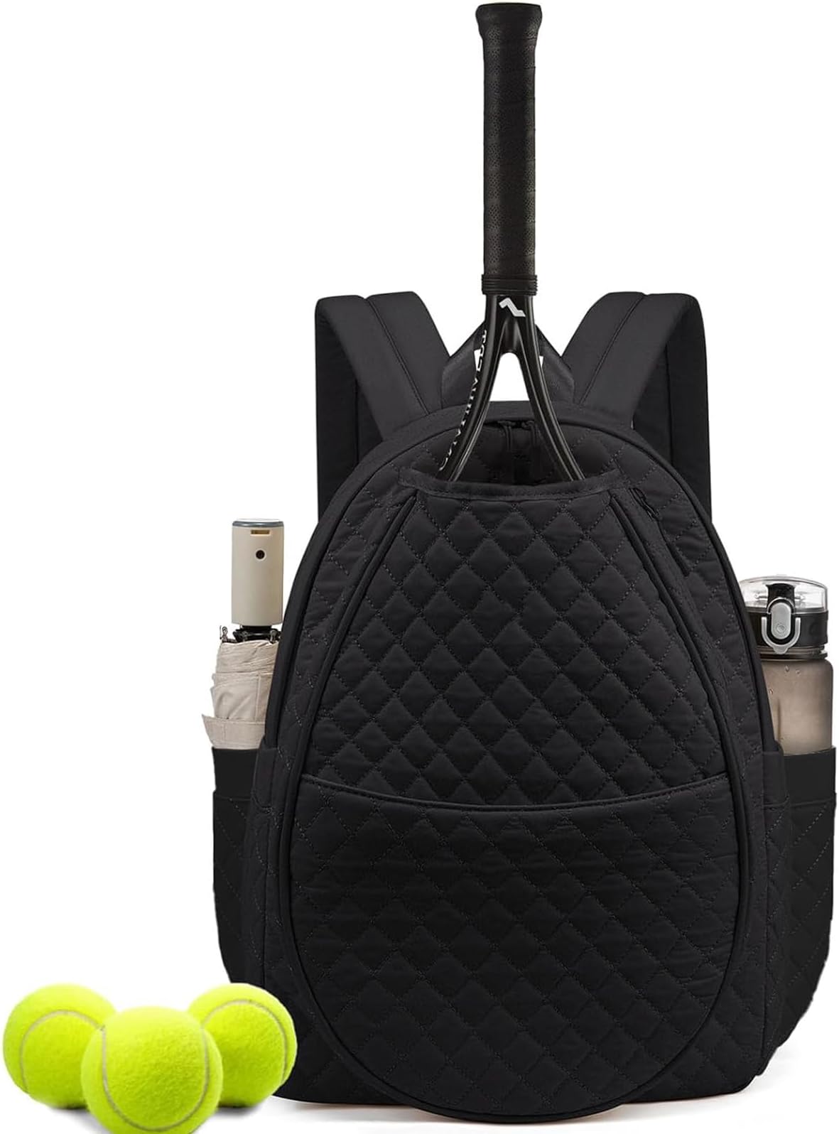 1 pack Tennis Racket Backpack, Quilted Pickleball Bag with Separate Racket Compartment, Black Polyester Sports Bag