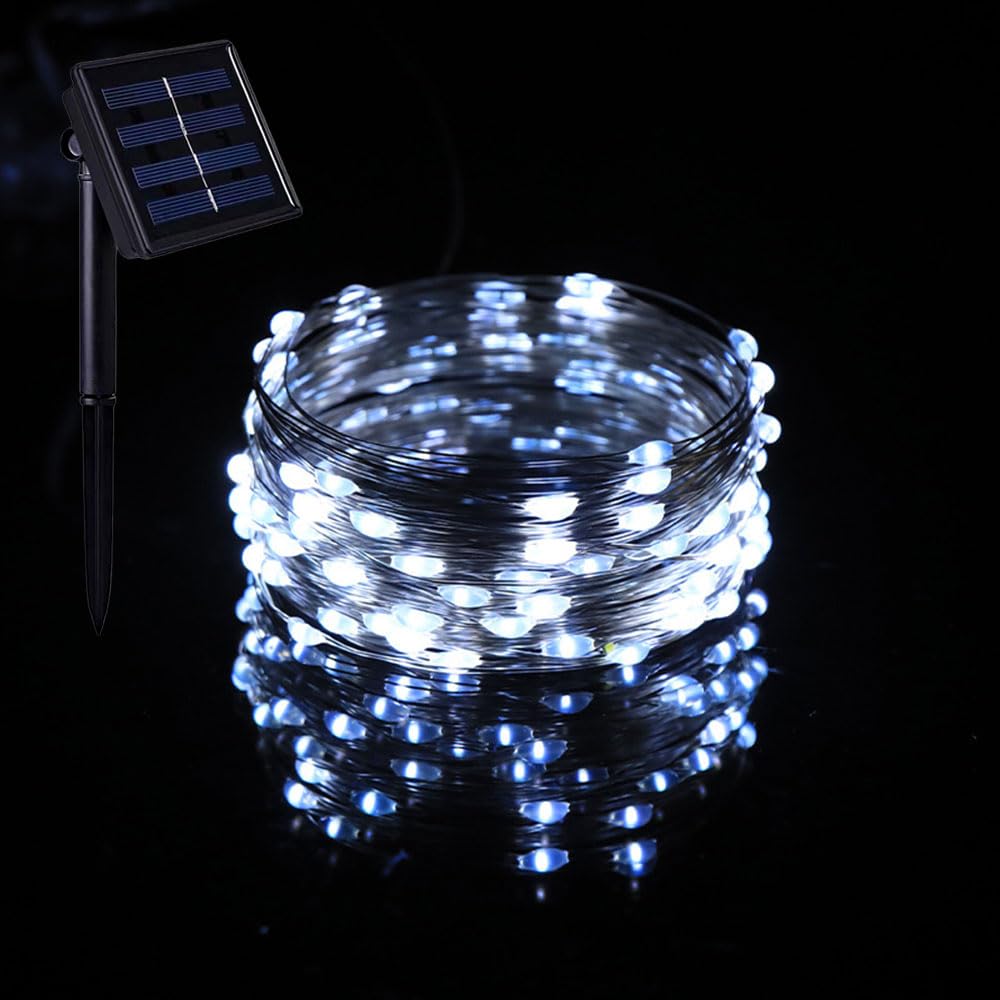 Treer Solar Outdoor Fairy Lights, Solar Powered Copper Wire Garden Lights, Outside IP65 Waterproof Garden Ornaments Outdoor LED String Lighting for Wedding Yard Patio (White,32m)
