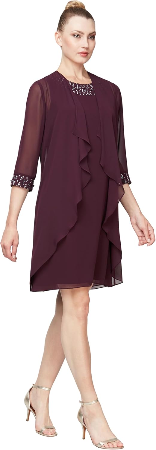 S.L. Fashions Women's Chiffon Tier Jacket Dress with Beaded Neck and Cuffs