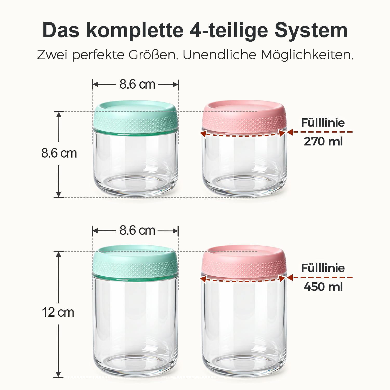 ComSaf Set da 4 Coppette Yogurt e Cereali in Vetro con Coperchio Plastica 500ml/300ml, perfette per ufficio, scuola, picnic e preparazione pasti, adulti e bambini, ideale per colazione pratica e sana