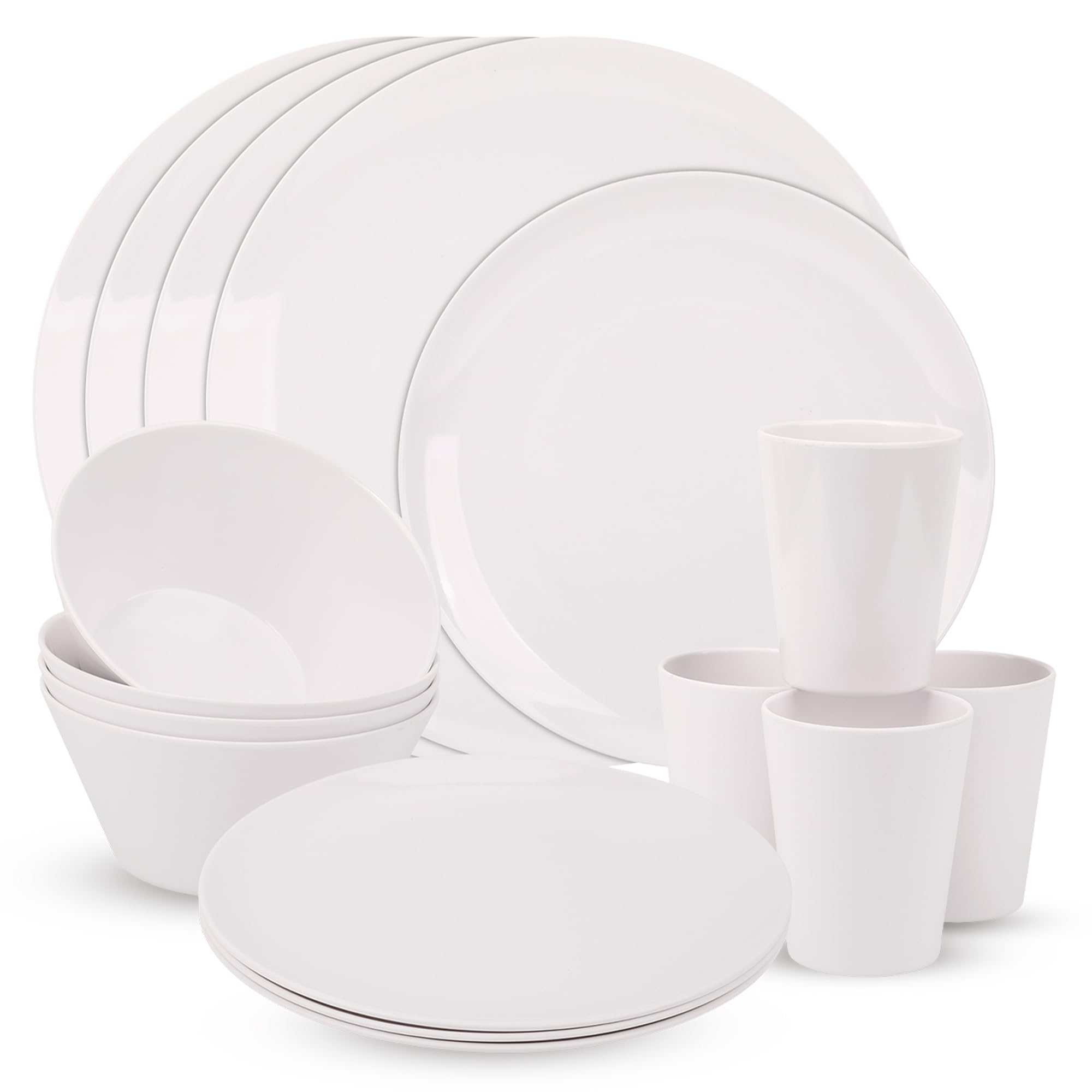 WedDecor 16pcs Melamine Dinnerware Set Scratch Resistant Easy Clean Dishwasher Safe Tableware 4 Plates, 4 Dessert Plates, 4 Bowls & 4 Cups Dinner Set Lightweight Dinner Set for Picnics & Camping