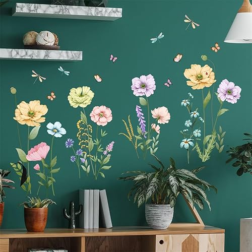 Miniatura 4 de Calcomanías de pared de flores silvestres de campo, flores de primavera, mariposa, calcomanías de pared removibles para dormitorio de niñas, sala de