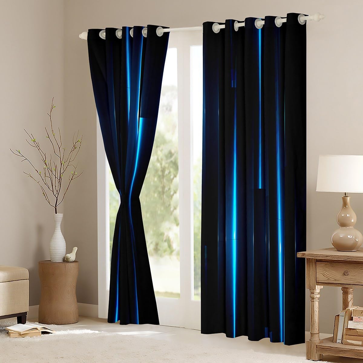 Feelyou Kids Blue Black Striped Blackout Curtain (30%-50%) (2 Panels, 42x63 Inch) Geometric Abstract Ombre Curtain for Bedroom Boys Girls Modern Decor Darkening Curtain Window Treatments