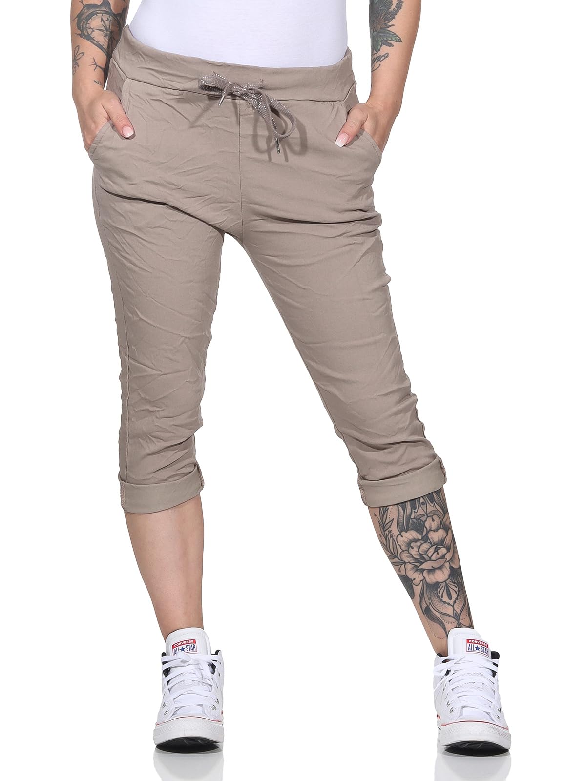 simaranda Damen Capri Hose Sommer Stretch Jogger | Bermuda 3/4 Shorts mit Kordelzug | Bequeme Stoffhose Einheitsgröße Gr. 34-40 | Casual Slip-On Freizeithose gekrempelt in 6 Farben 8264