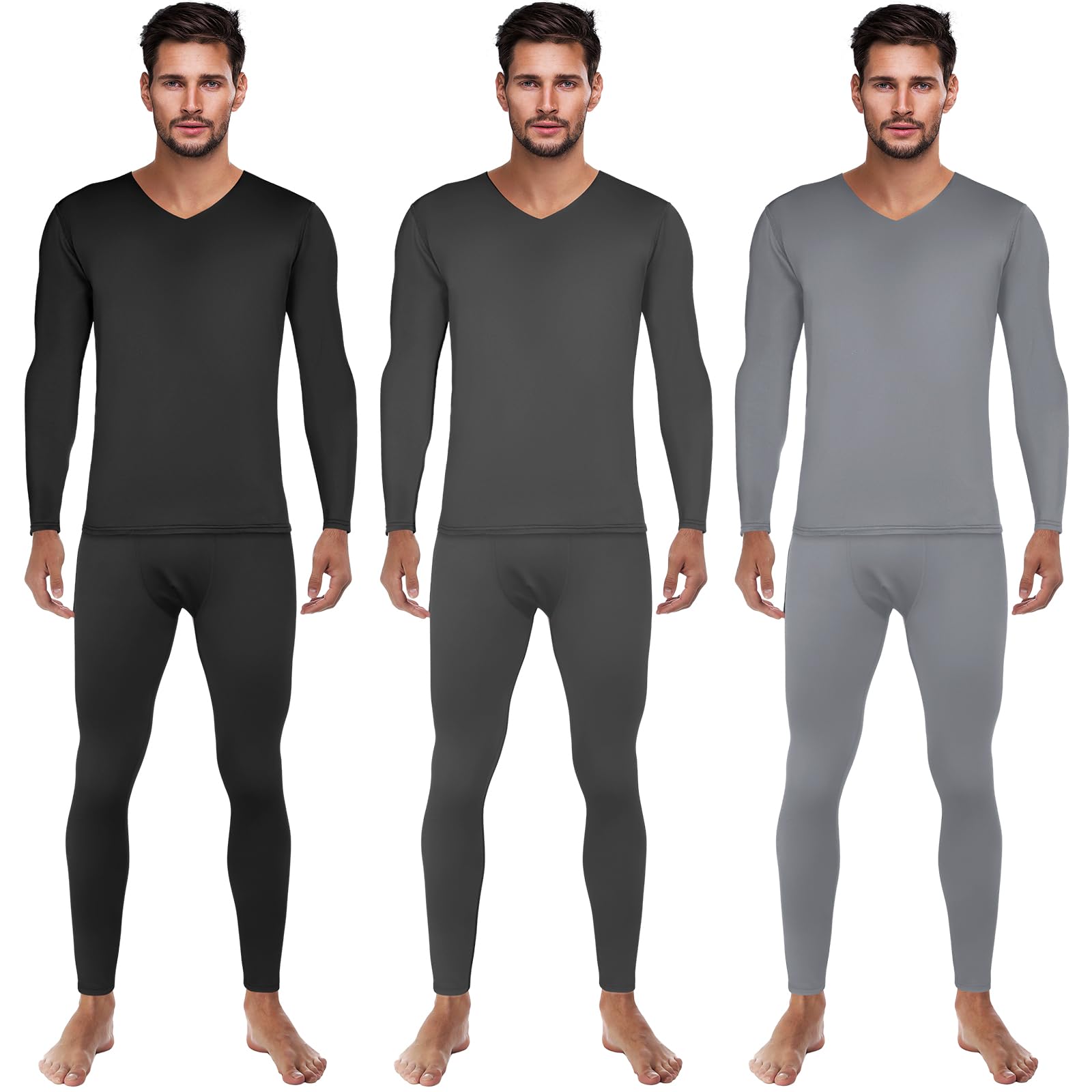 3 Set Herren Thermounterwäsche Winter Warm V-Ausschnitt Fleece Gefüttert Base Layer Set Thermo-Set für kaltes Wetter