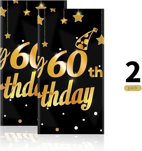 Miniatura 4 de Ruisita Paquete de 2 manteles rectangulares para fiestas de cumpleaños 60 en interiores o exteriores, color negro y dorado