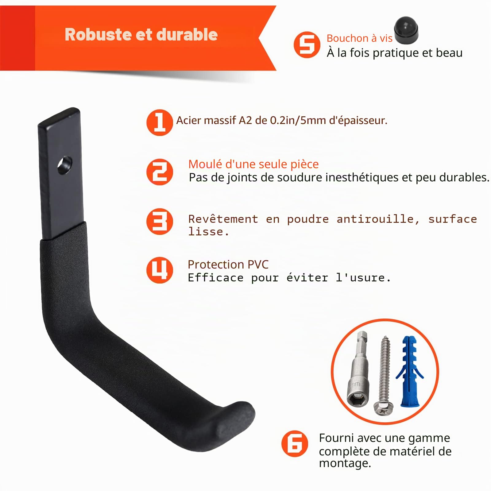 8 crochets de rangement atelier garage, crochet mural garage, Porte Outils de Jardin Mural, J Crochets Universels Noirs à Visser, Supports de Montage Muraux Robustes（10cm, 40kg）