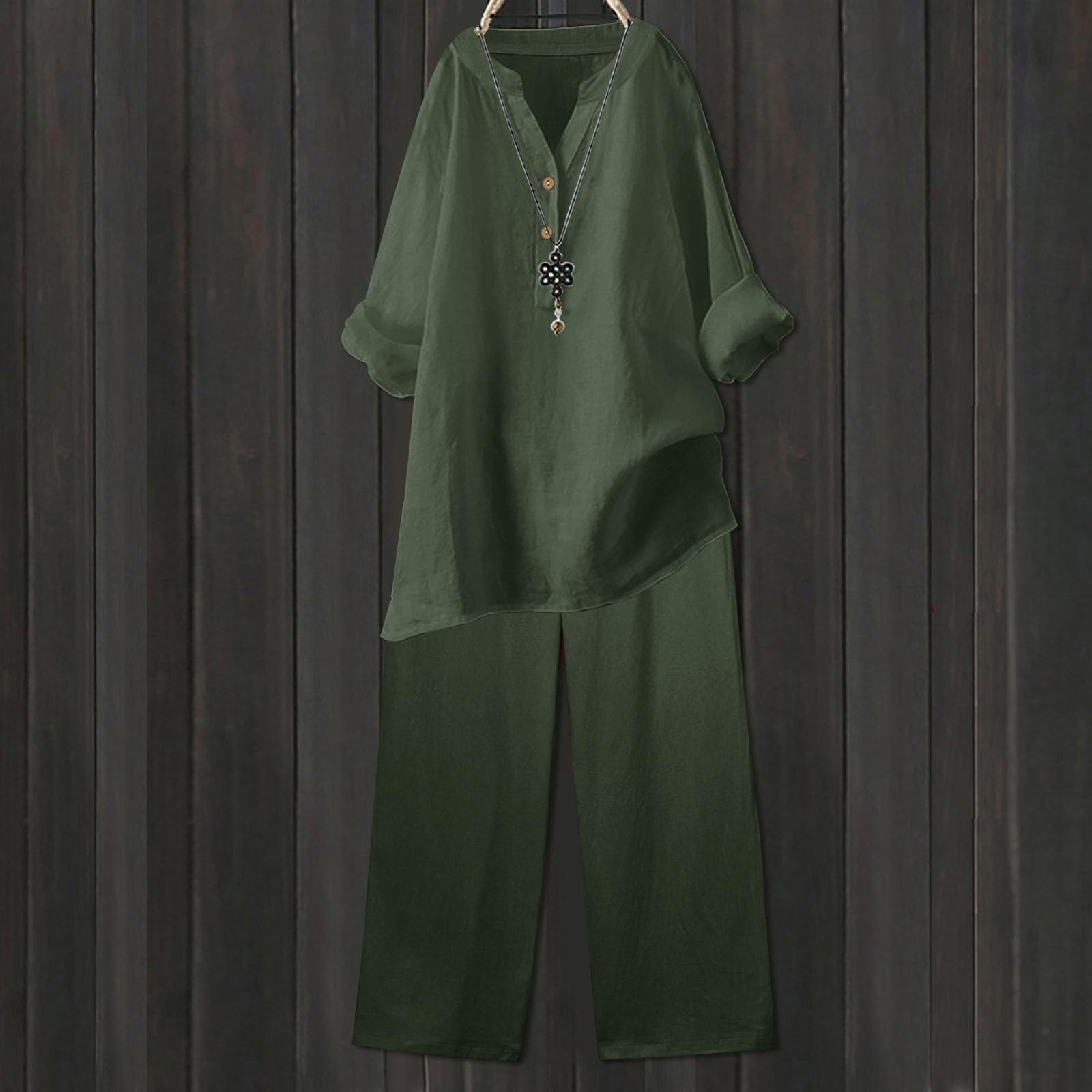 Set da donna, pantaloni e top fluido, vestito sportivo di grandi dimensioni, tinta unita, maniche lunghe, scollo a V, camicetta e vita con lacci dritti, pantaloni casual a taglio ampio primavera
