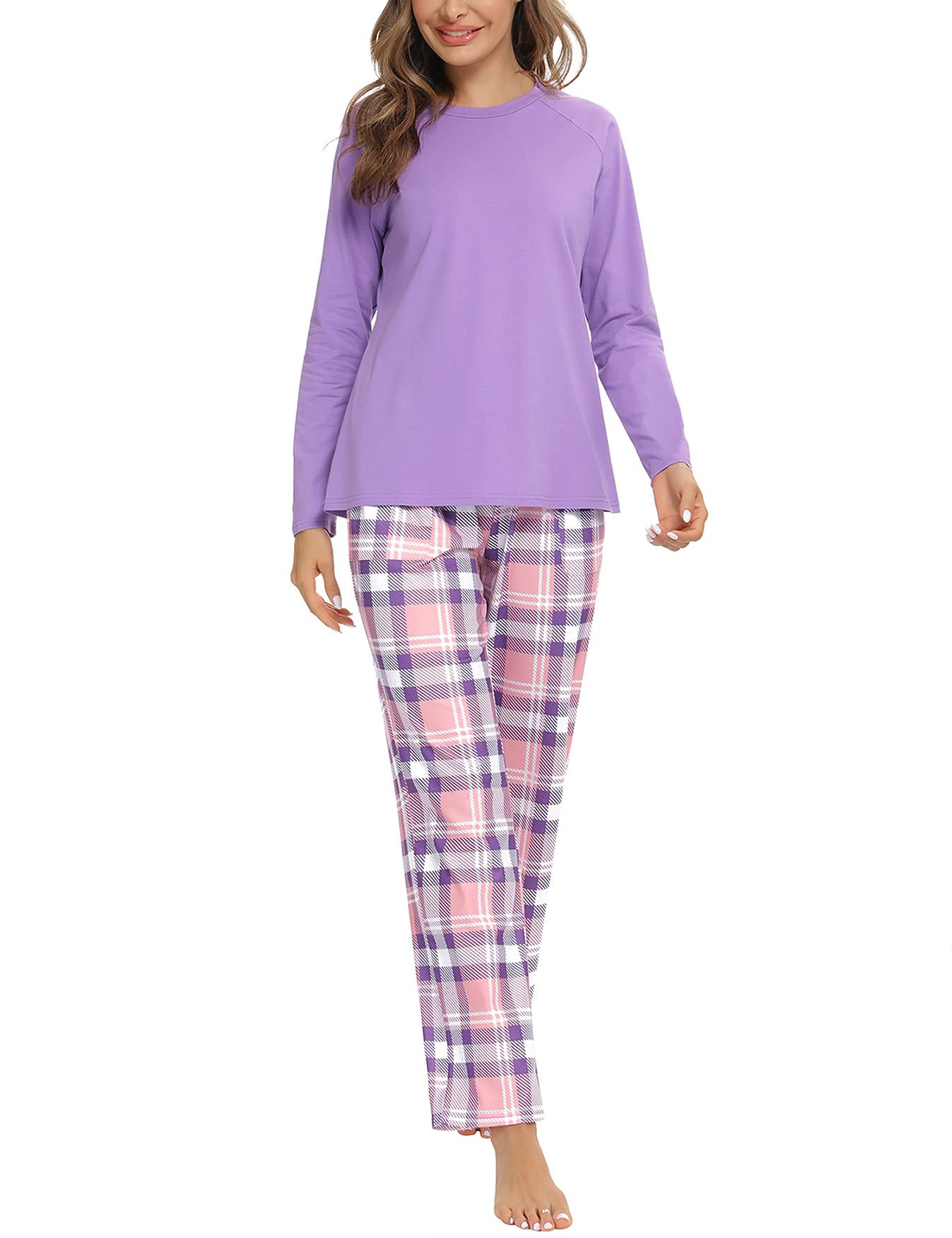 Uniexcosm Pigiama Donna, Pigiama a Quadri Donna Lungo Pigiama da Donna Cotone Leggero con Girocollo Pigiama 2 Pezzi Donna con Tasca Sciolto Accogliente per Casa e Casuale