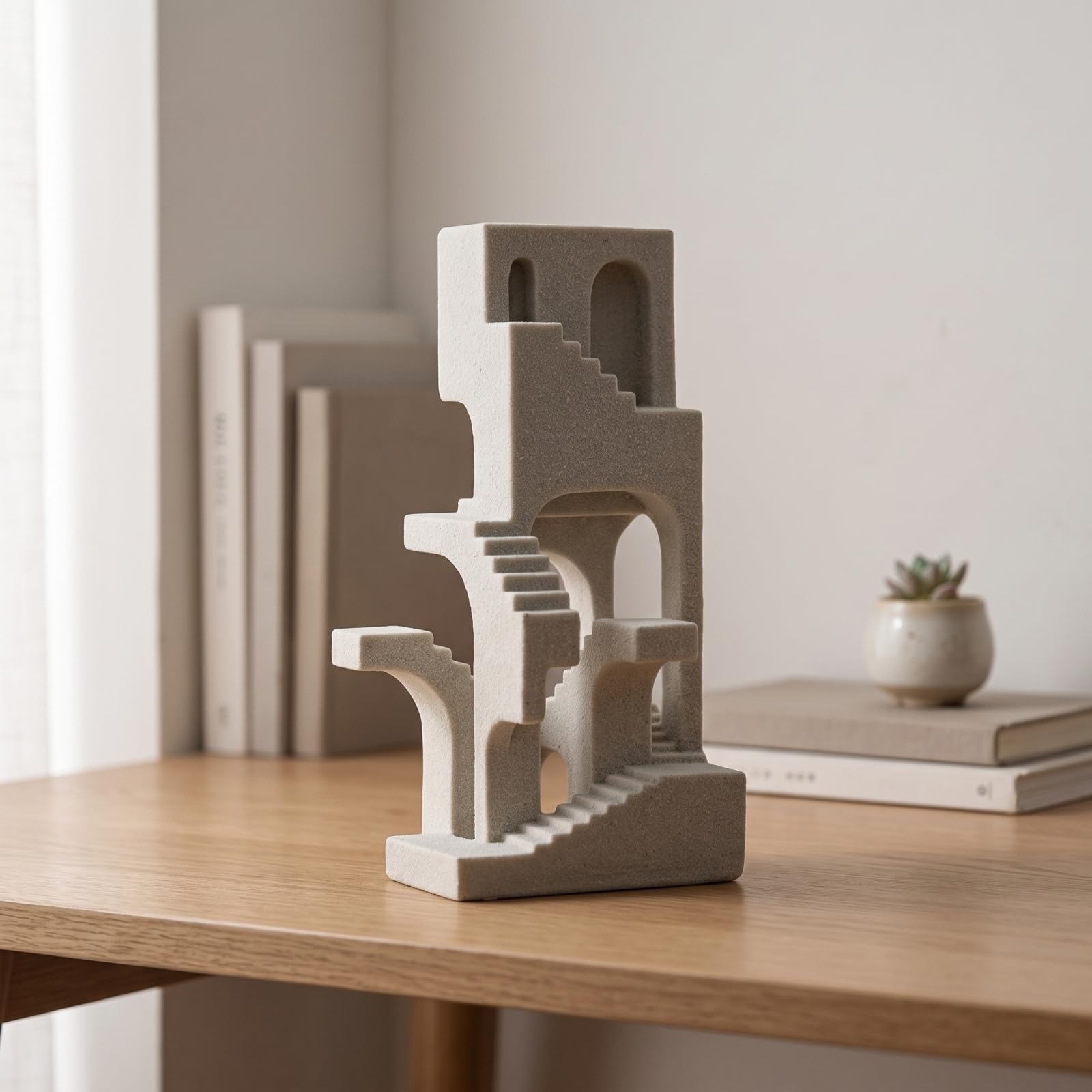 MagiDeal Escultura Geométrica Resina con Forma Torre Apilada y talles Escaleras Superficie con Textura Arenosa Tono Iluminado Neutro Acuada para