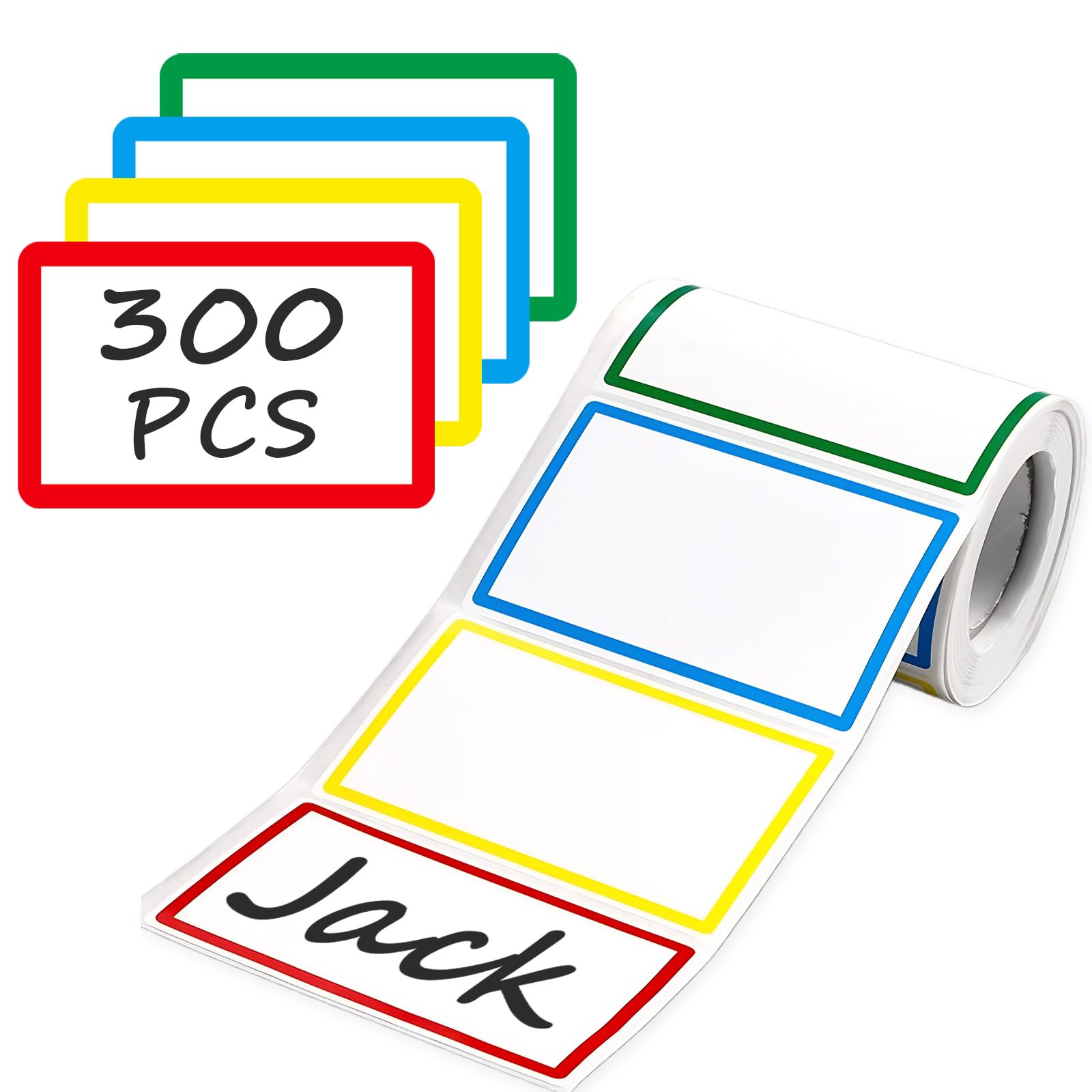 300 PCS Name Tag Stickers - 3.5'' x 2.2'' 4 Colors, Self-Adhesive Sticker Name Tags for School, Office, Home, Party, Meeting