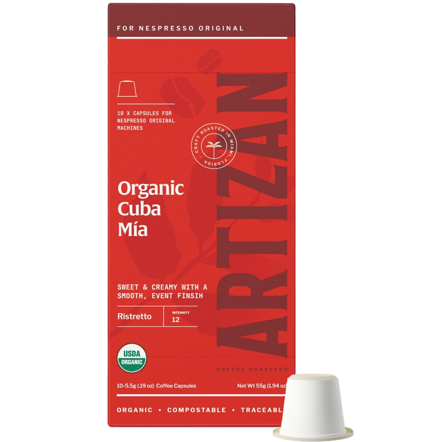 Artizan Coffee USDA Organic Espresso Coffee Capsules For Nespresso Original | Cuba Mia | 40 Compatible Compostable Pods