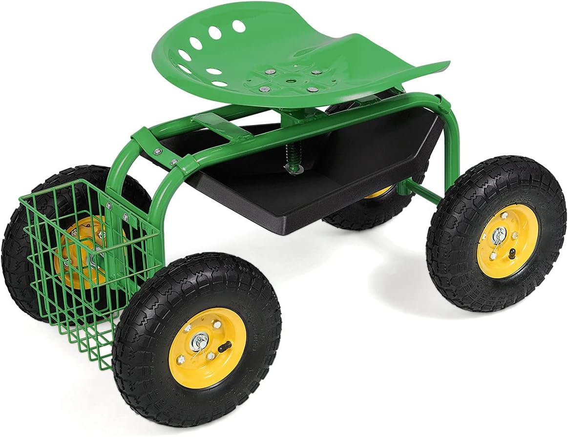 IRONMAX Garden Cart with Seat, Gardening Rolling Stool Scooter w/Wheels, Tool Tray and Basket for Planting, Wheeled Outdoor Gardening Work Seat for Patio, Yard (Green)