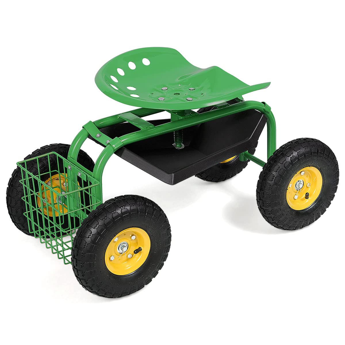 RELAX4LIFE Rollsitz mit Ablage & Korb, Gartensitz mit 4 Rädern, Gartenrollsitz 360 ° Drehbar & Höhenverstellbar 46-53cm, Fahrbarer Arbeitssitz, bis 150kg Belastbar, für Gartenarbeit Autopflege(Grün)