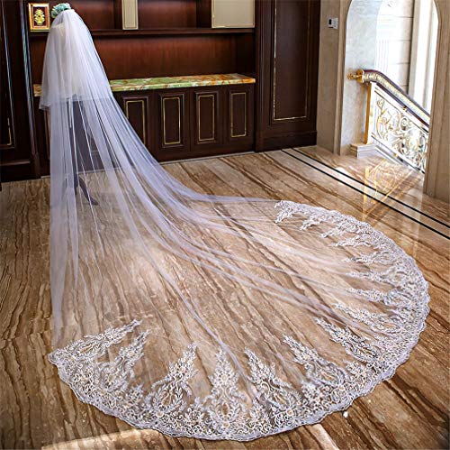 ELEGENCE-Z Velo de Novia, Europa y América, Lujoso Encaje, Cola Extra Larga, 4 Metros, Novia Catedral, Velo de Fiesta