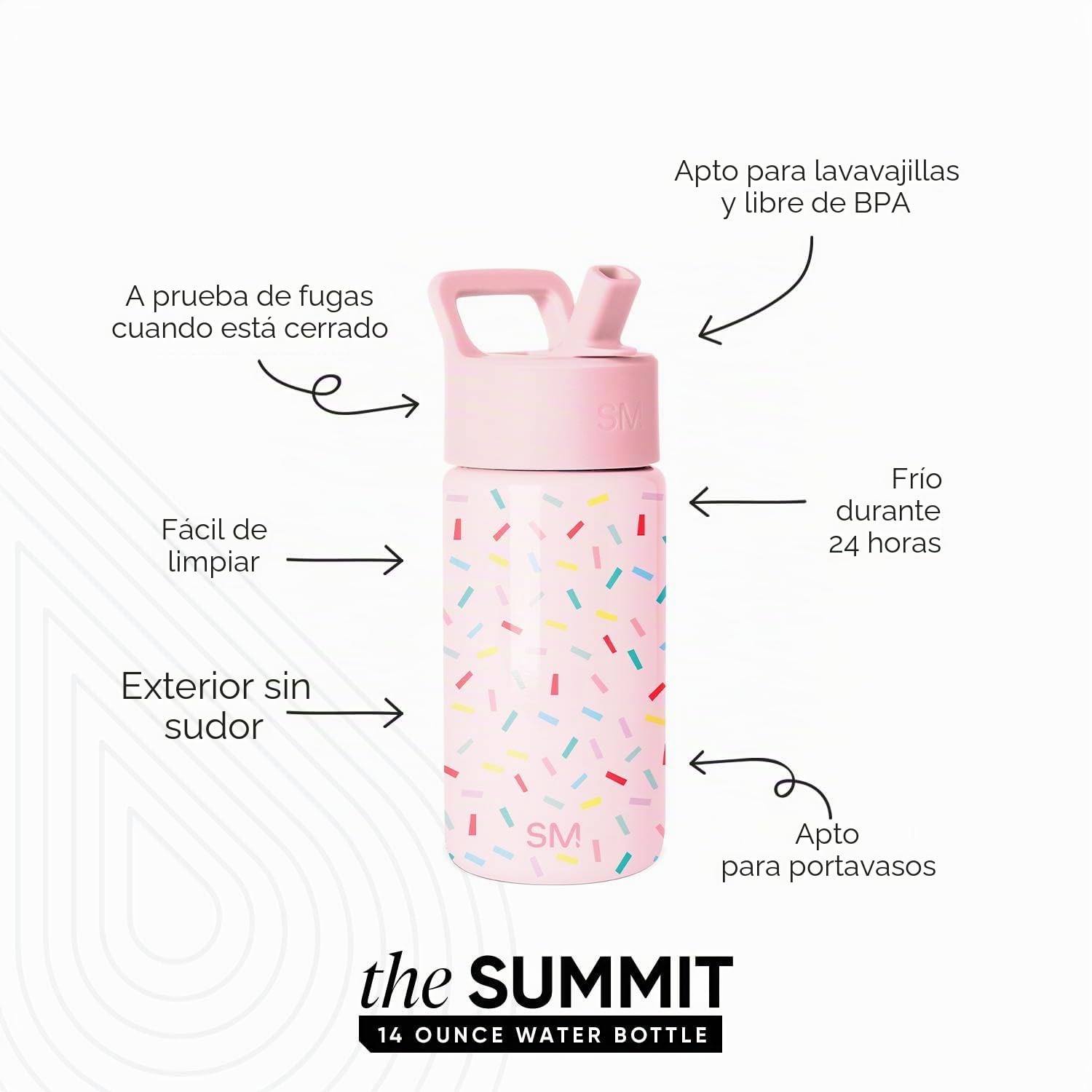 Simple Modern Botella Agua Niños con Pajita | Botella Térmica Acero Inoxidable Aislado Reutilizable para Niños y Niñas | Summit | 415ml | Confetti