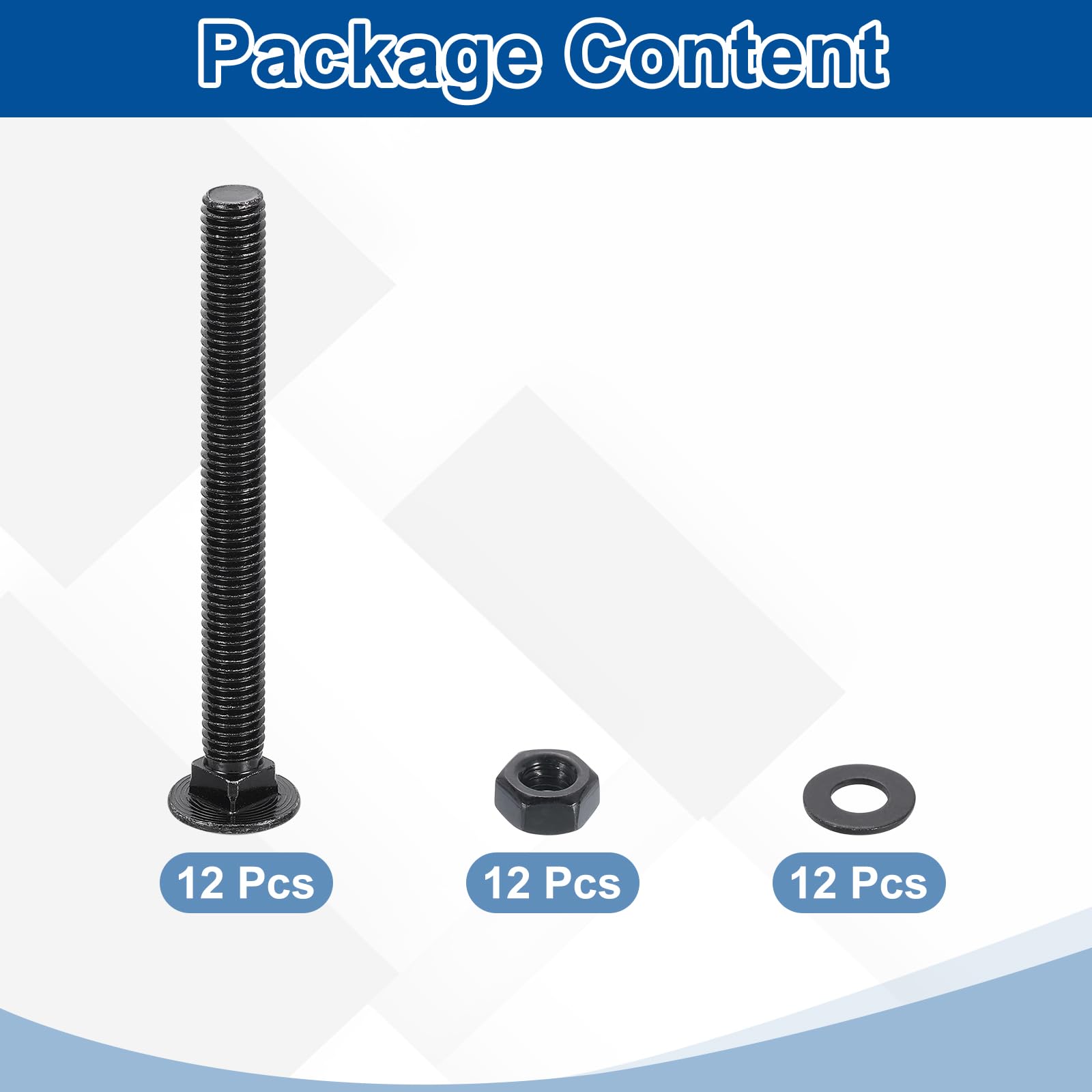 QUARKZMAN 12 Set Kit Bulloni A Testa Tonda Con Collare Quadrato E Dadi, 1/2"-13x5" Bulloni In Acciaio Al Carbonio A Testa Tonda Con Collare Quadrato E Dadi Esagonali E Rondelle Piatte - Nero