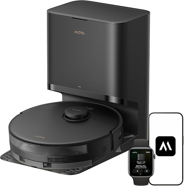 Aspirateur et nettoyeur robot Mova E30 Pro Plus avec base d'auto-vidage, aspiration puissante de 19000Pa, sac à poussière de 5L capacité de 90 jours, DuoBrush anti-enchevêtrement, nettoyage extensif avec brosse latérale