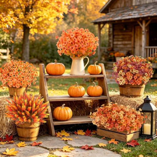 Image of AmyHomie 16 PCS Artificial Fall Flowers for Outdoors, Orange Fake Mums