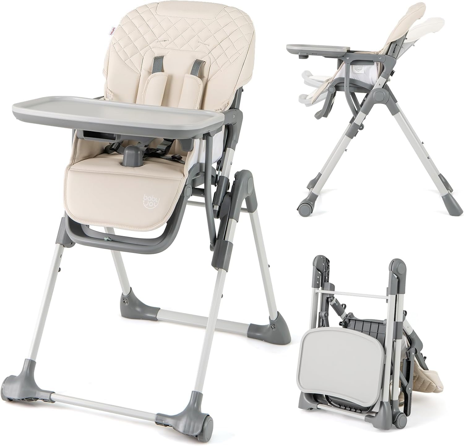 LIFEZEAL Trona Plegable para Bebé 6 a 36 Meses con Asiento Infantil Ajustable 5 Alturas 2 Posiciones de Reclinado Bandeja de 3 Niveles Portátil con 2 Ruedas Color Beige Gris (Beige)