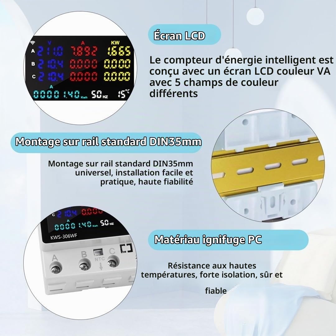 3-Phase 80A WiFi Compteur Electrique avec Télécommande APP, 9 en 1 Compteur D'énergie Triphasé 220 V Rail DIN 35 mm, Mètre Watt KWh Voltmètre Ampèremètre Avec Écran LCD avec Protection Multiple