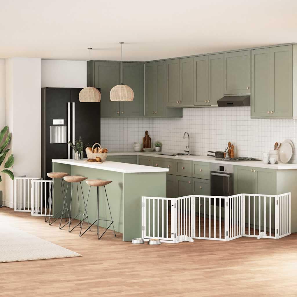 12-TLG. Puerta plegable para perros de madera de álamo blanca con puerta de 600 cm, independiente y portátil, barrera para interior y exterior, protección y seguridad para cachorros y perros
