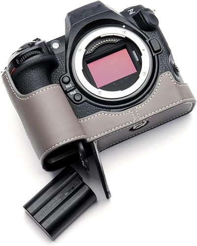 Miniatura 7 de Hecho a mano de cuero auténtico medio cámara caso bolsa cubierta para Nikon Z8 color marrón arena