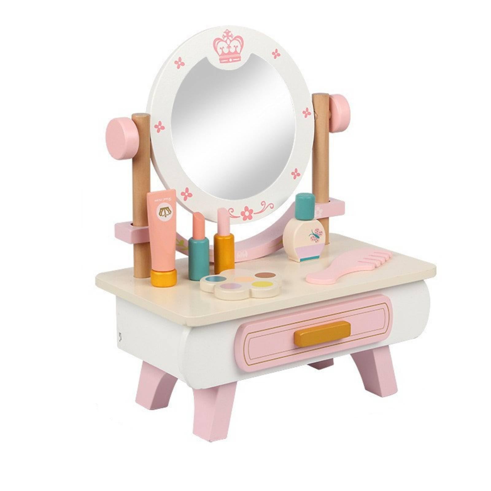 Tocador Infantil con Espejo Seguro Tocador con Cajón Irrompible Mesa Maquillaje para Niñas, Tocador De Madera Clásico con Espejo Redondo Y Cajón, Diseño De Juguete De Simulación para Niñas