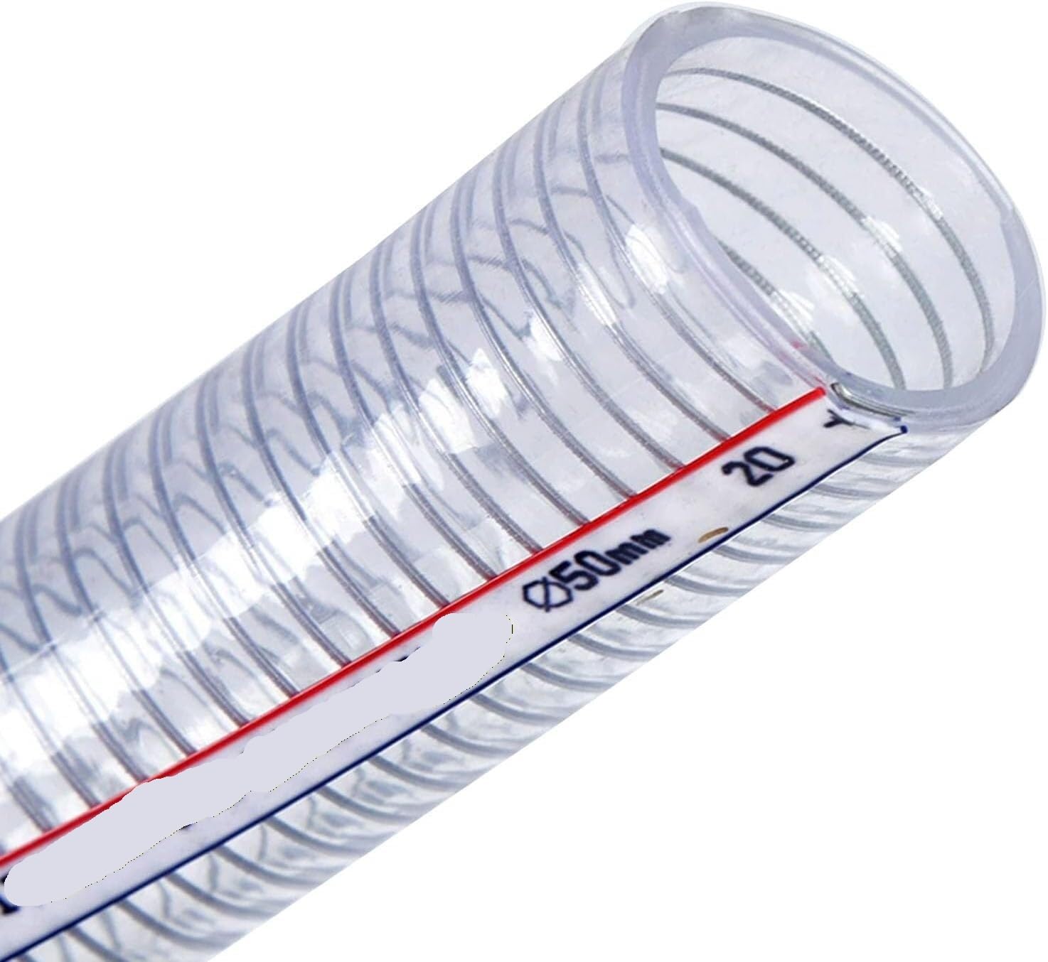PVC-Stahldrahtspirale, transparenter, flexibler Schlauch, 50 mm Innendurchmesser, 1 m, mit 2 Klemmen, Wandstärke 3–6 mm(Wall Thickness 5mm)